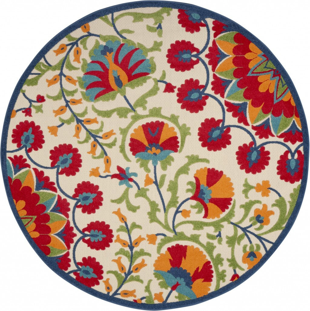 8' Round Red and Multicolor Indoor Outdoor Area Rug