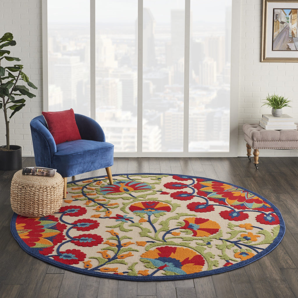 8' Round Red and Multicolor Indoor Outdoor Area Rug