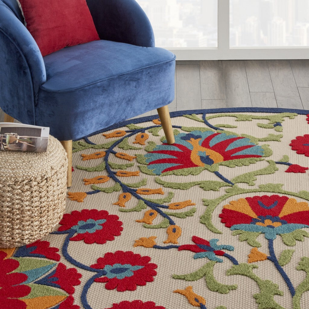 8' Round Red and Multicolor Indoor Outdoor Area Rug