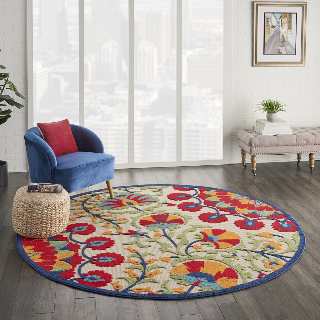 8' Round Red and Multicolor Indoor Outdoor Area Rug