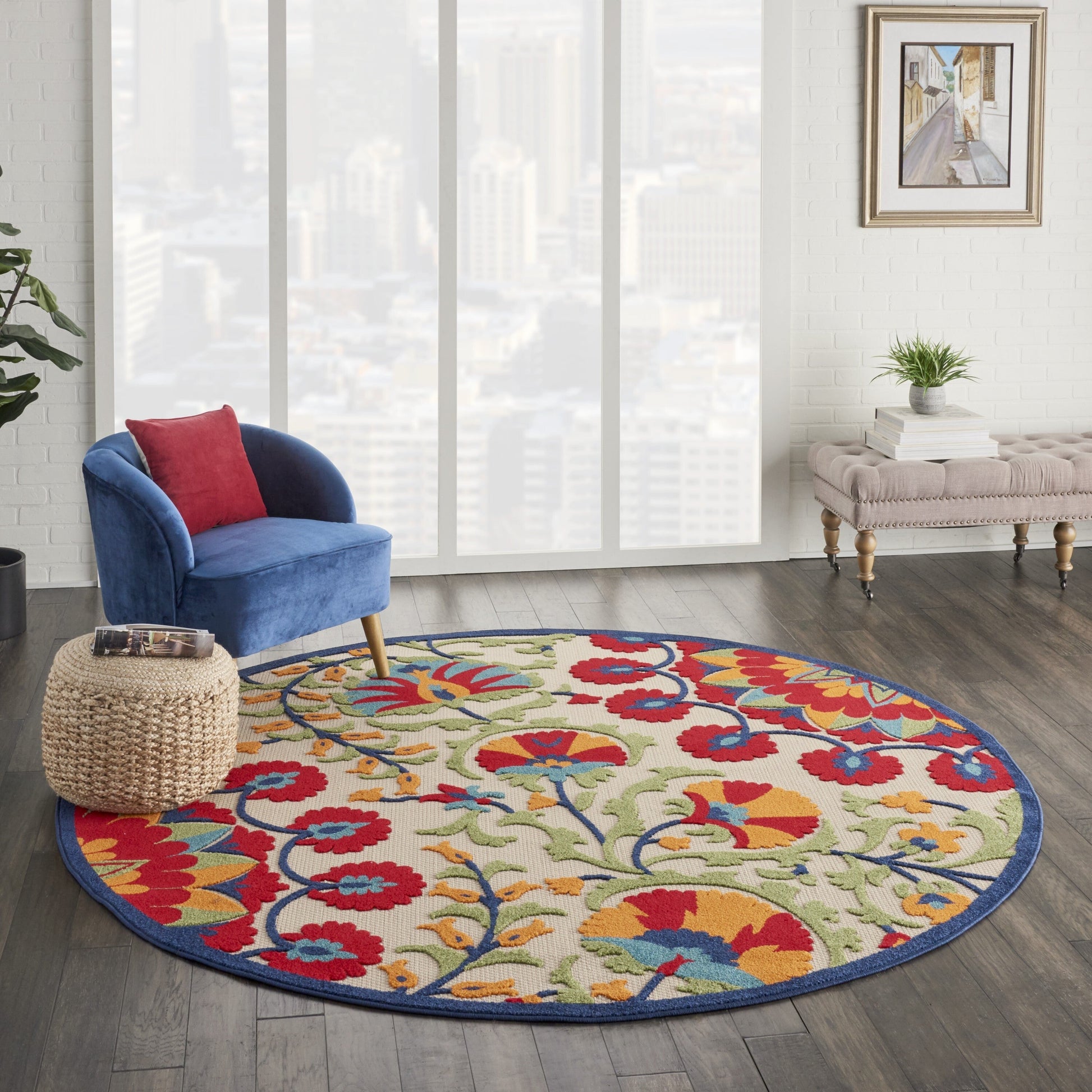 8' Round Red and Multicolor Indoor Outdoor Area Rug