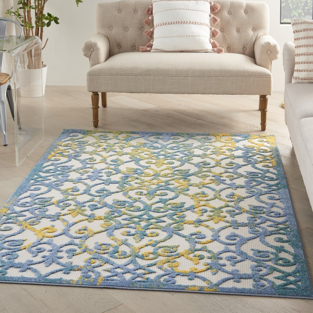 5' x 7' Ivory and Blue Indoor Outdoor Area Rug