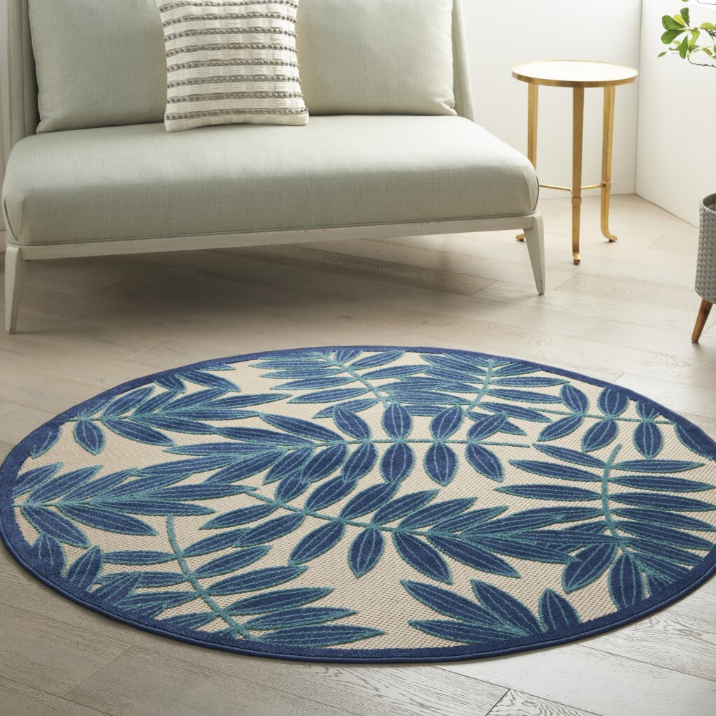 5' Round Navy and Beige Leaves Indoor Outdoor Area Rug