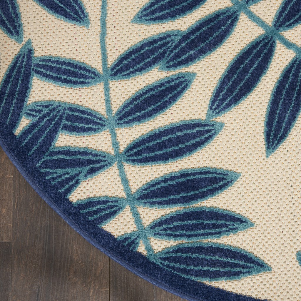 5' Round Navy and Beige Leaves Indoor Outdoor Area Rug