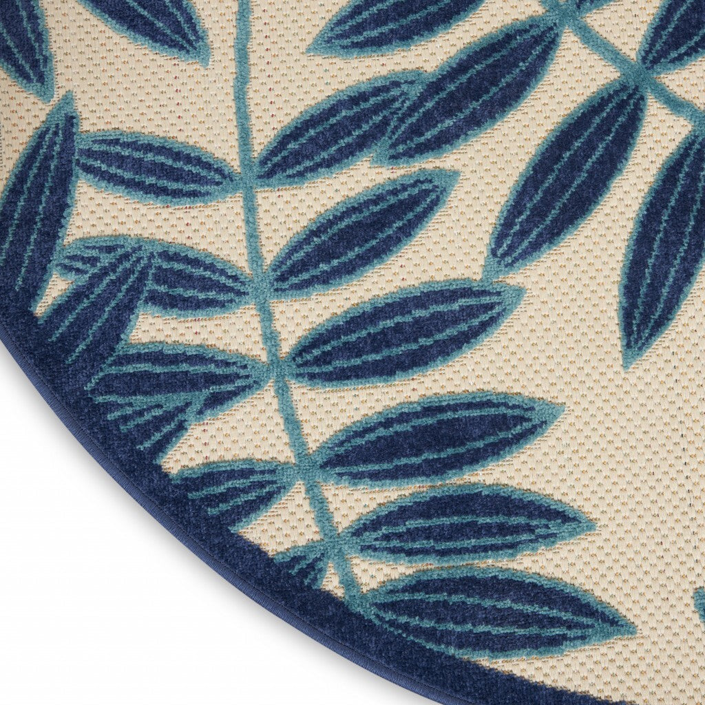 5' Round Navy and Beige Leaves Indoor Outdoor Area Rug