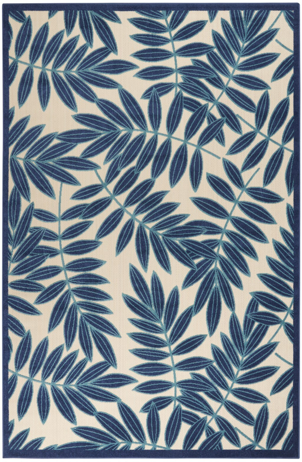 7' x 10' Navy and Beige Leaves Indoor Outdoor Area Rug