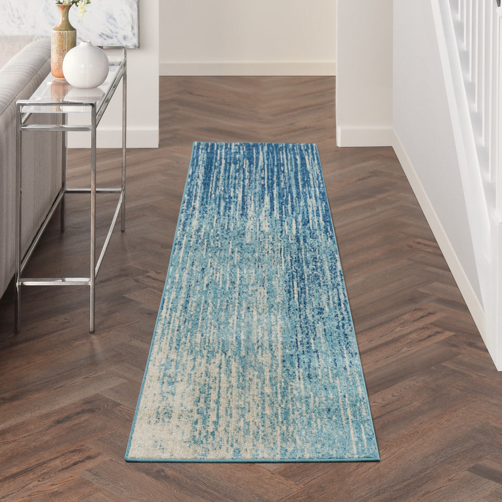 10' Ivory And Blue Abstract Power Loom Runner Rug