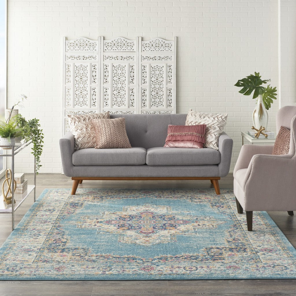 8' X 10' Light Blue Southwestern Power Loom Area Rug