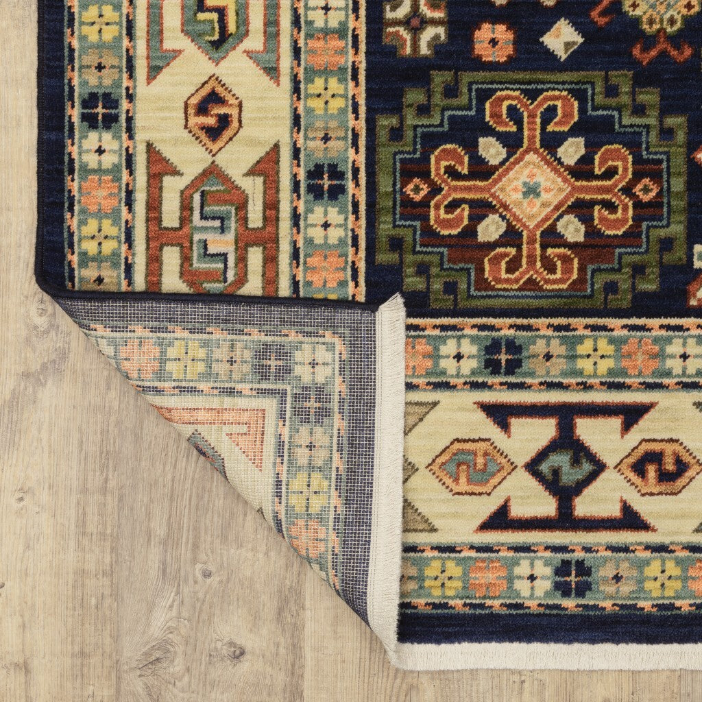 12' Blue Ivory Machine Woven Medallion Indoor Runner Rug