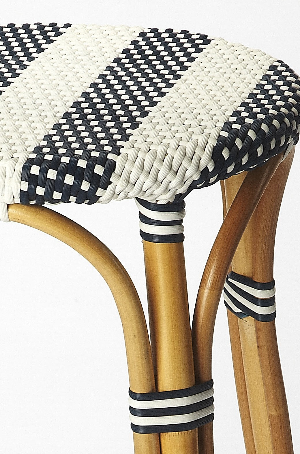 30" Blue and White and Natural Heavy Duty Rattan Backless Bar Height Bar Chair