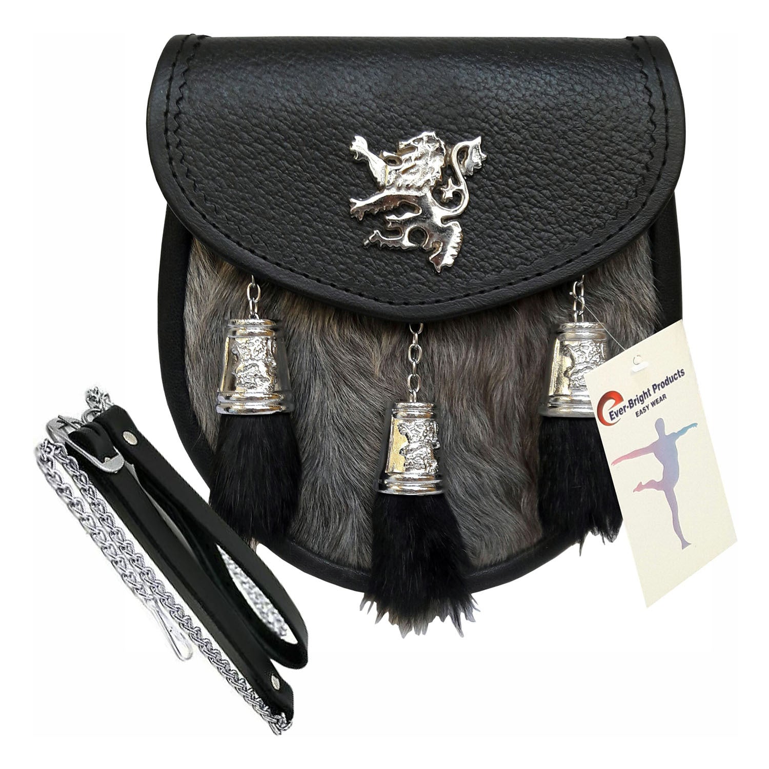 Scottish Kilt Semi Dress Grey Goat Sporran with Rampant Lion & Tassels Caps