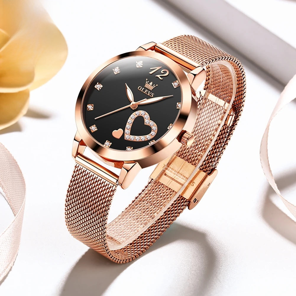 Rose Gold Mesh Women's Watch Heart Crystal Dial Quartz