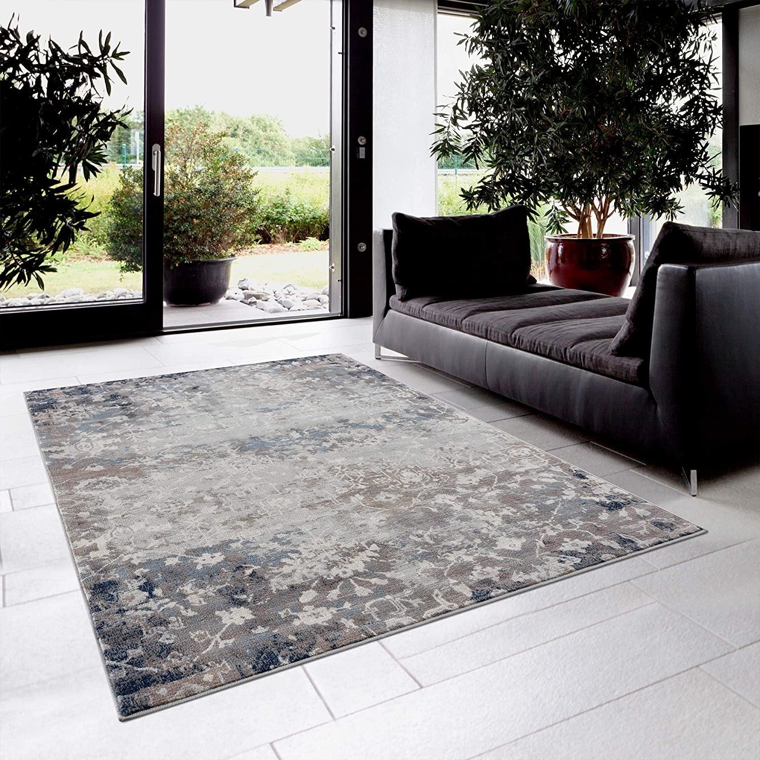 2' X 8' Navy And Beige Distressed Vines Runner Rug