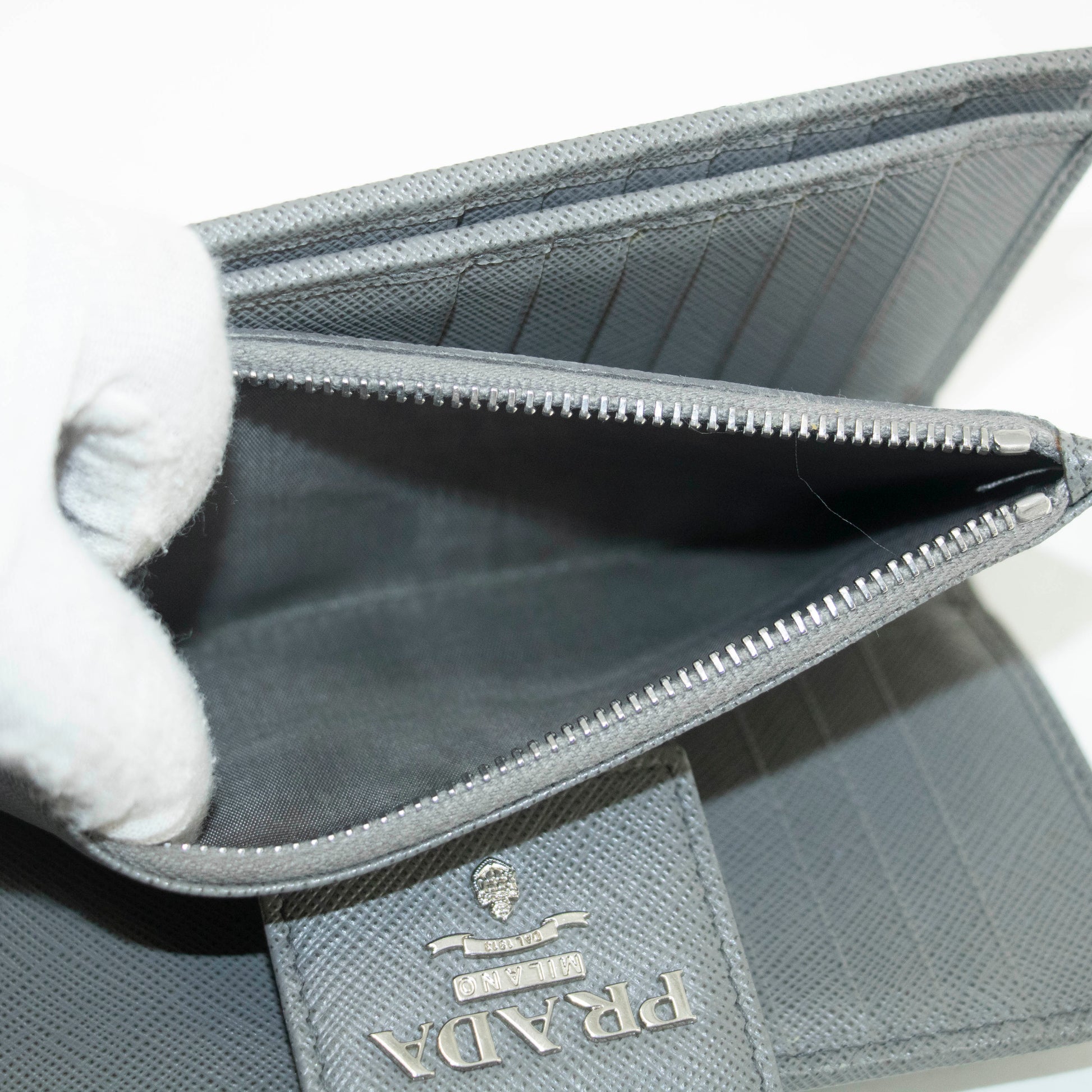Prada Saffiano Leather Grey Metal Medium Wallet #3918