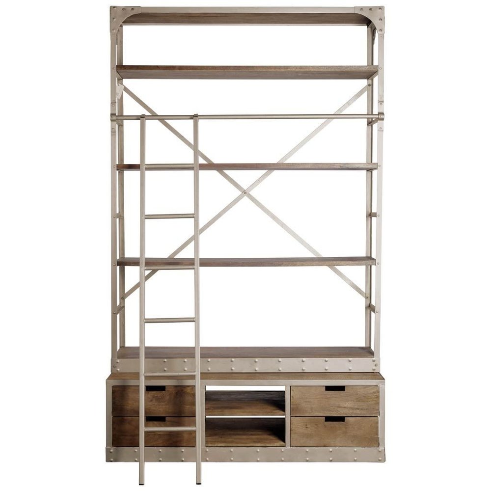 Brown Nickel and Solid Wood Six Tier Bookcase with Four Drawers