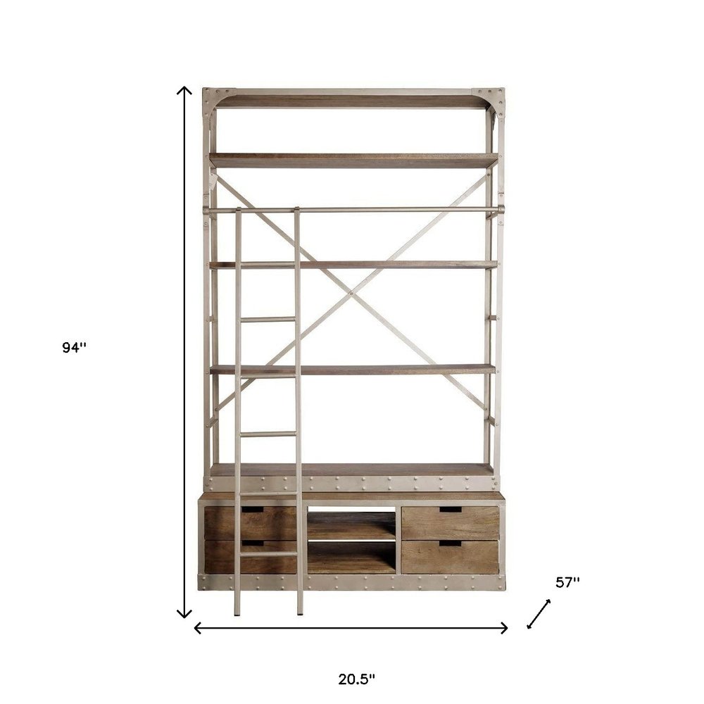 Brown Nickel and Solid Wood Six Tier Bookcase with Four Drawers