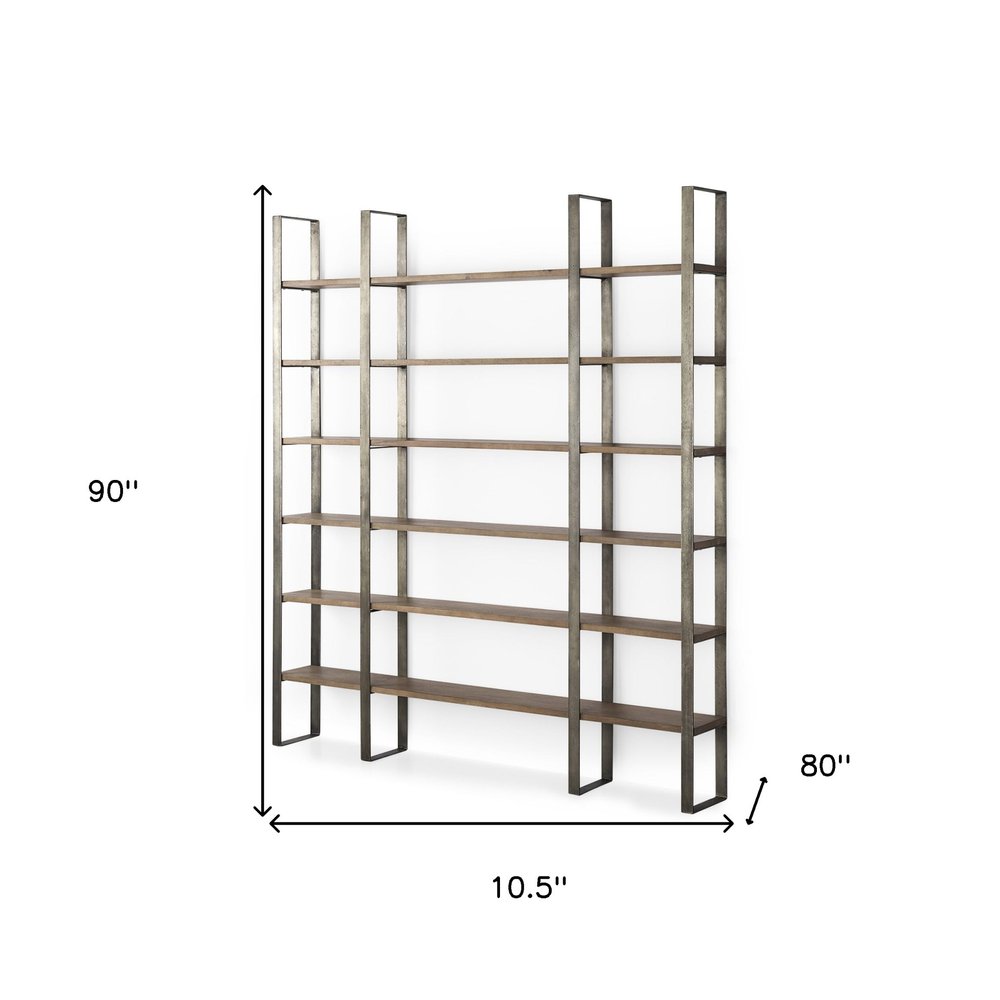 Brown Nickel and Solid Wood Six Tier Bookcase