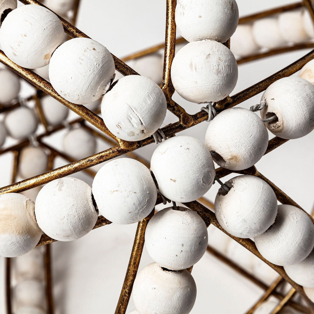 11" White Wood Bead And Gold Orb Sculpture