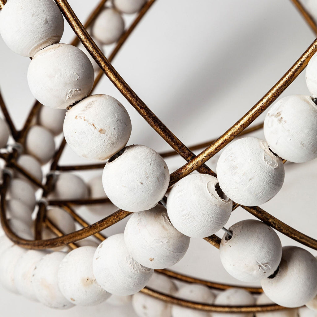 11" White Wood Bead And Gold Orb Sculpture