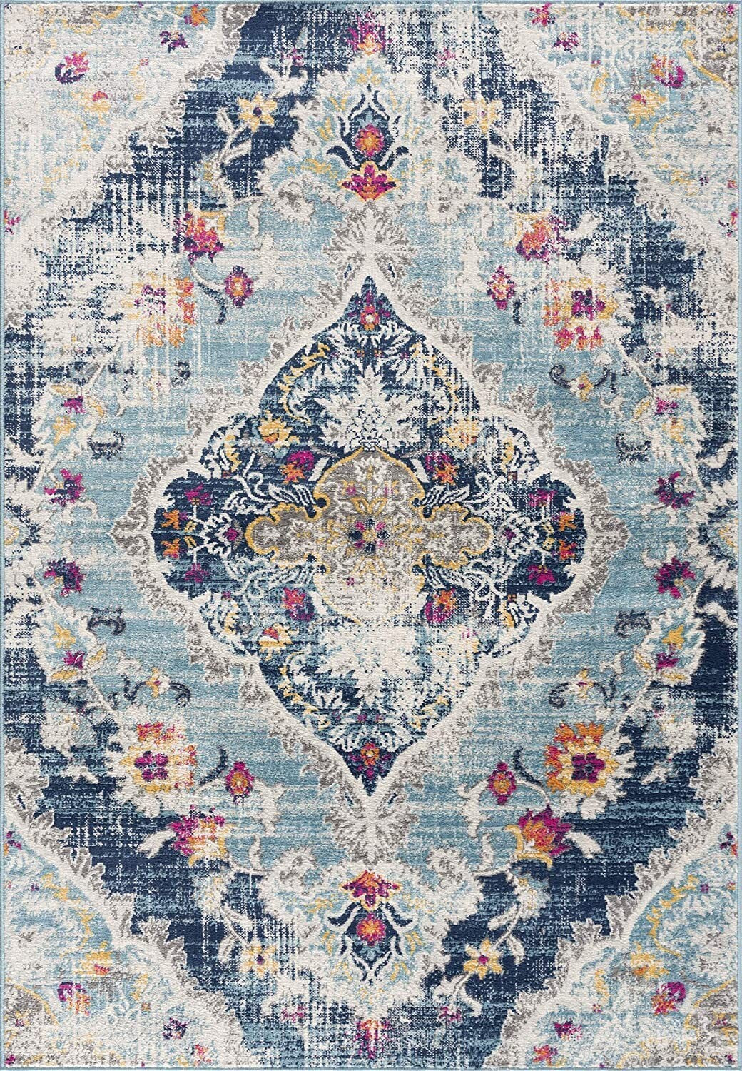 2' x 13' Blue Distressed Medallion Runner Rug