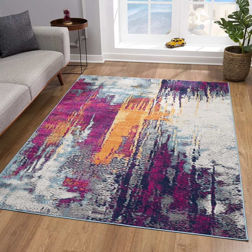 9' x 13' Gray and Magenta Abstract Area Rug