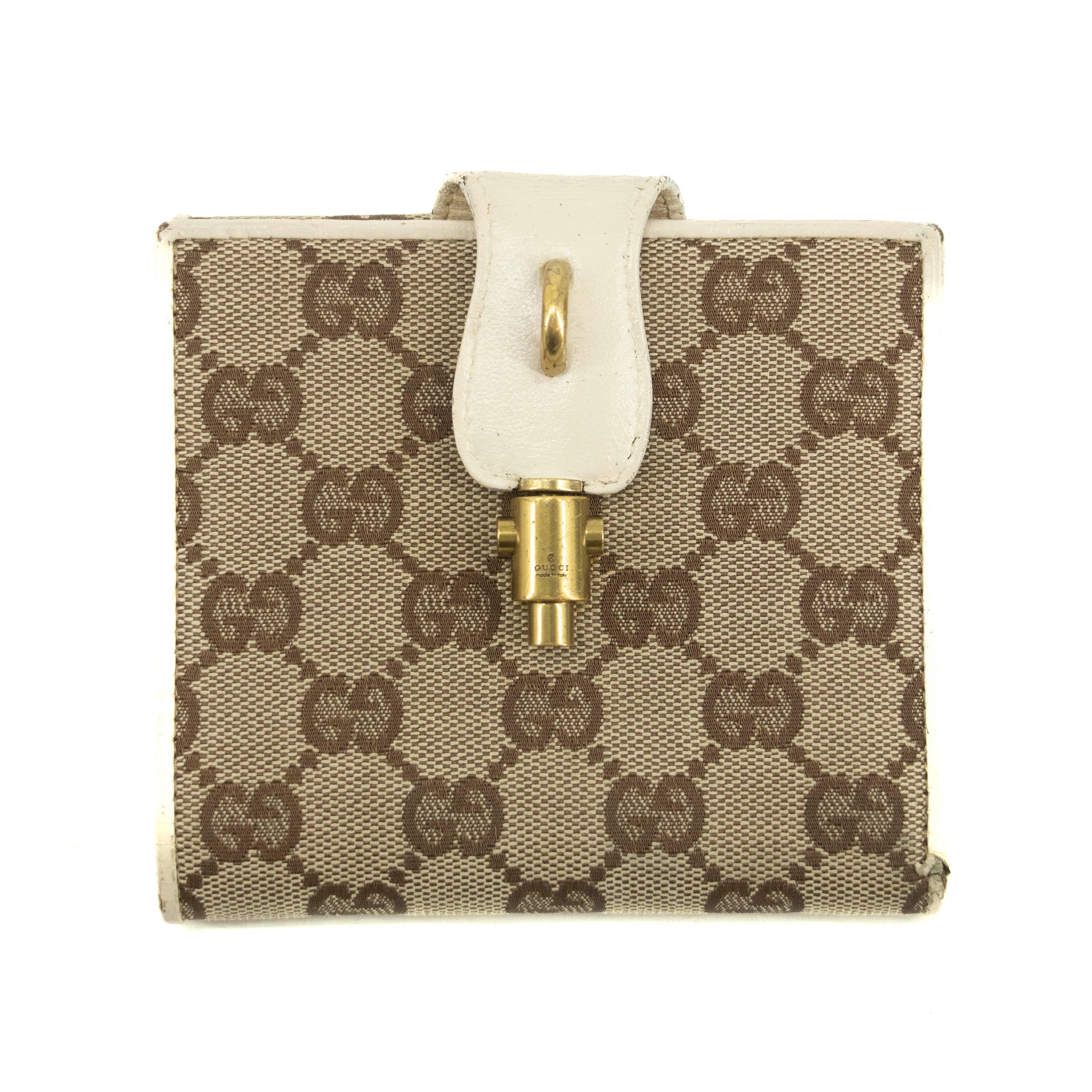 Gucci GG Brown White Canvas x Leather Compact Wallet #3935