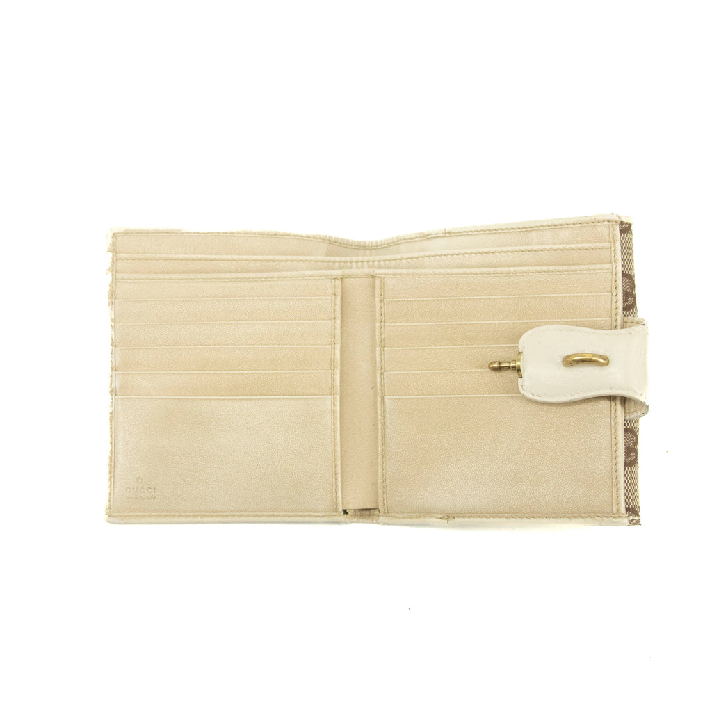 Gucci GG Brown White Canvas x Leather Compact Wallet #3935