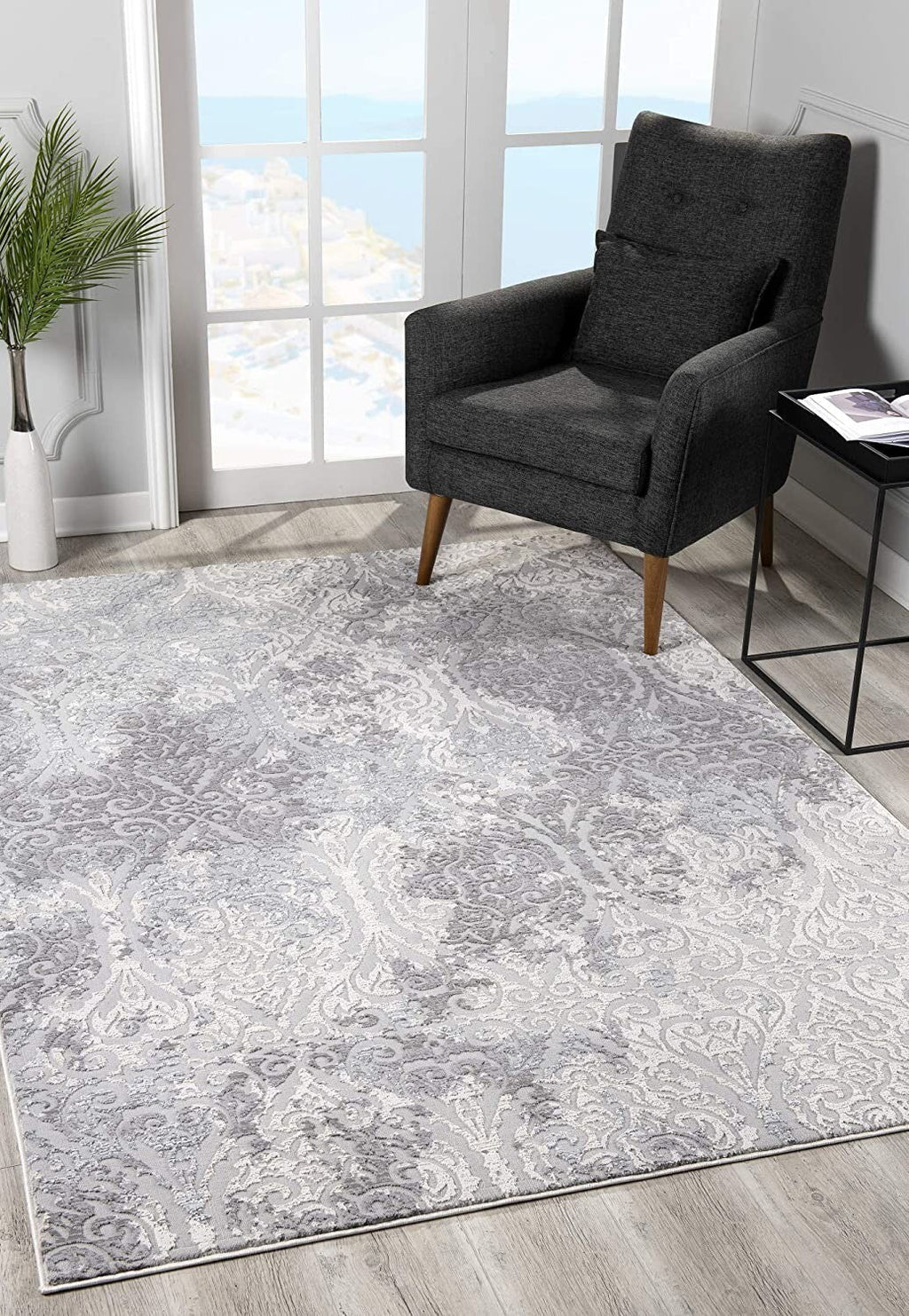2' x 10' Cream and Gray Faded Filigree Runner Rug