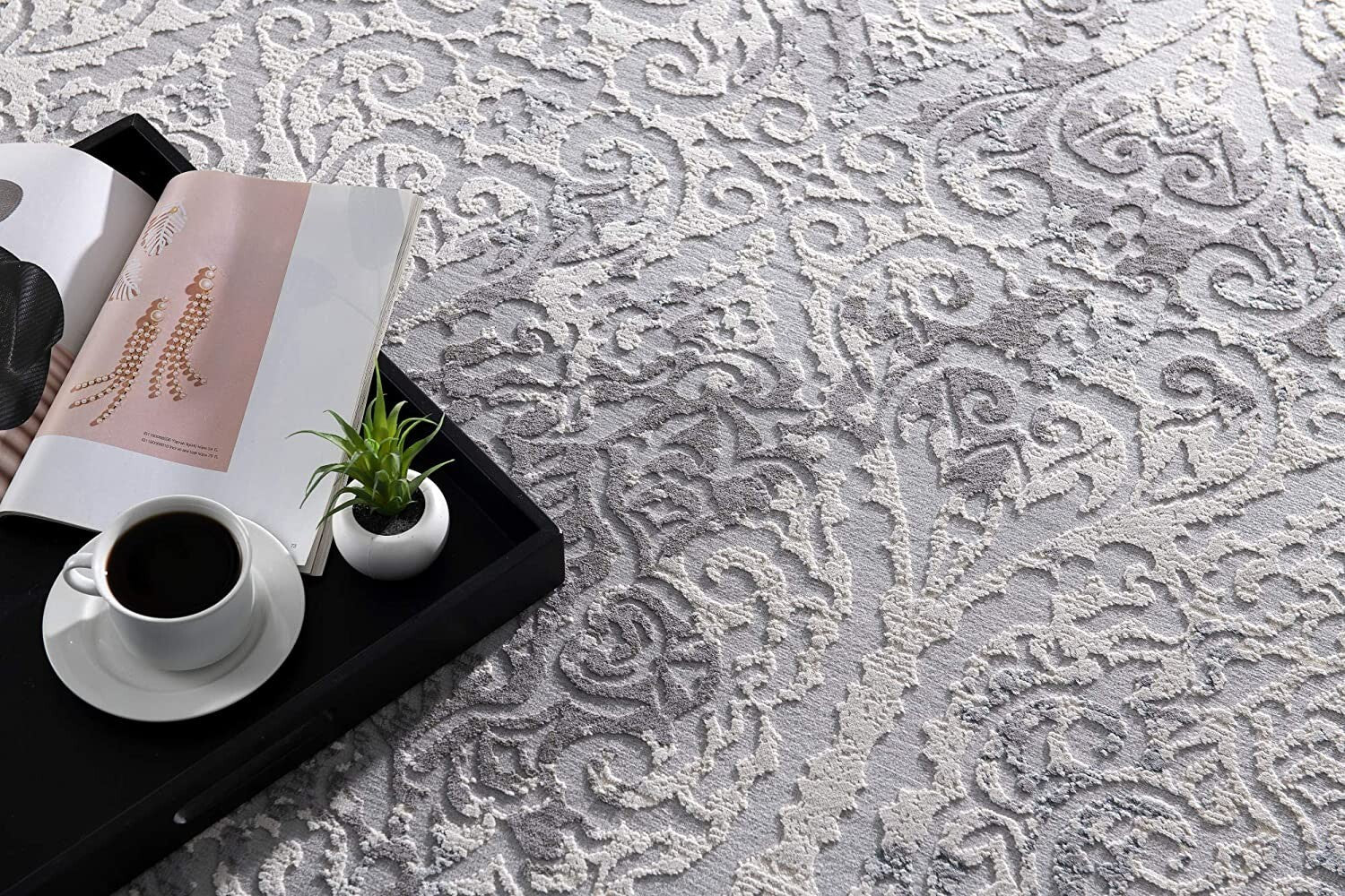 2' x 10' Cream and Gray Faded Filigree Runner Rug