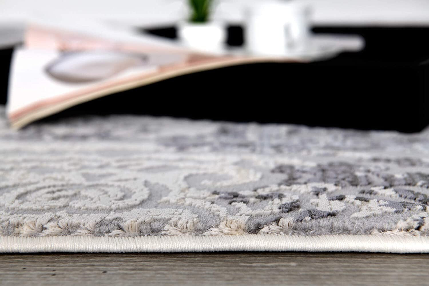 2' x 10' Cream and Gray Faded Filigree Runner Rug