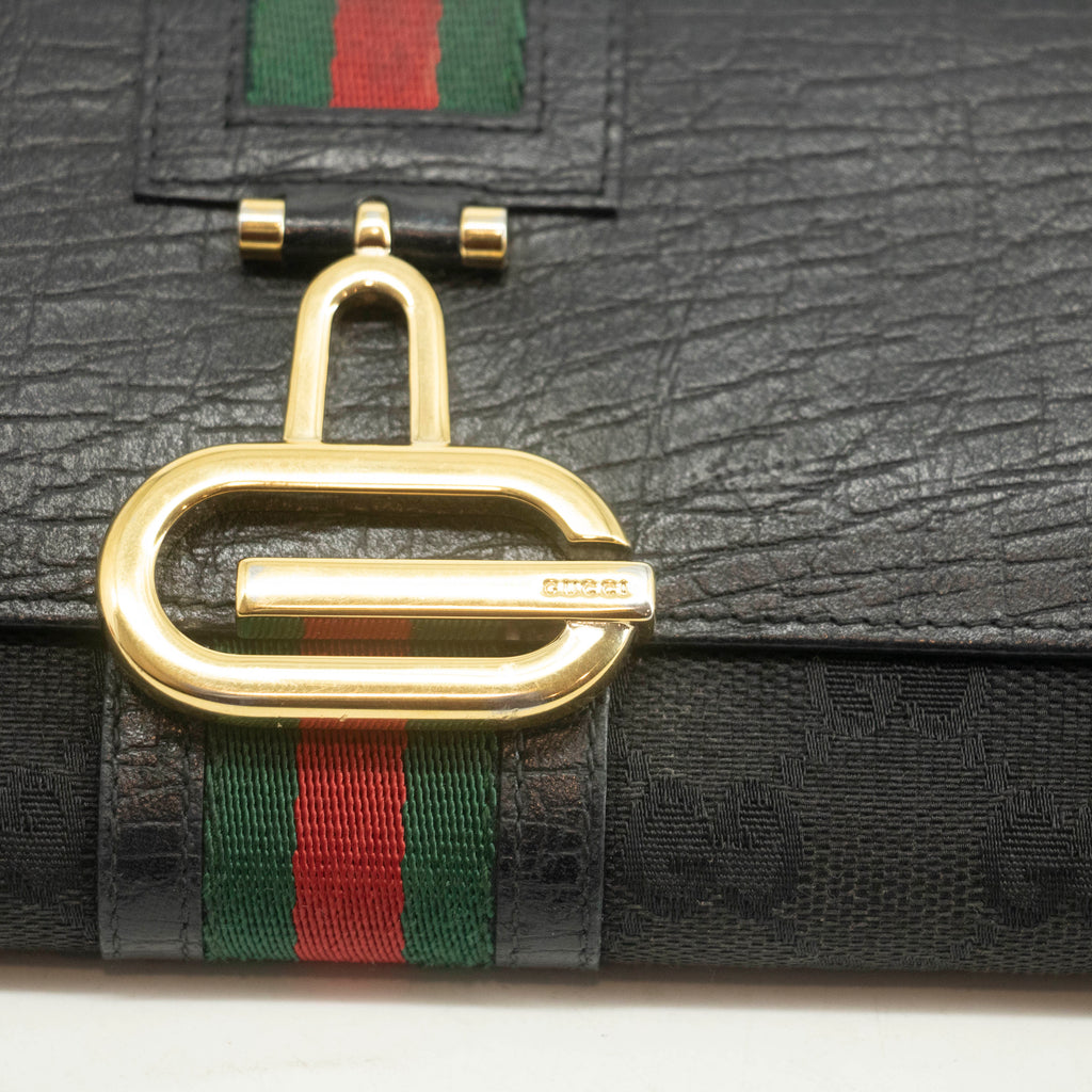 Gucci GG Vintage Black Canvas x Leather Sherry Line Long Wallet #3938