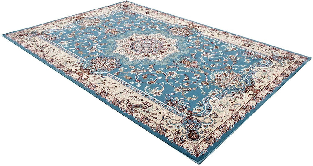 5' x 8' Blue and Cream Embellished Area Rug