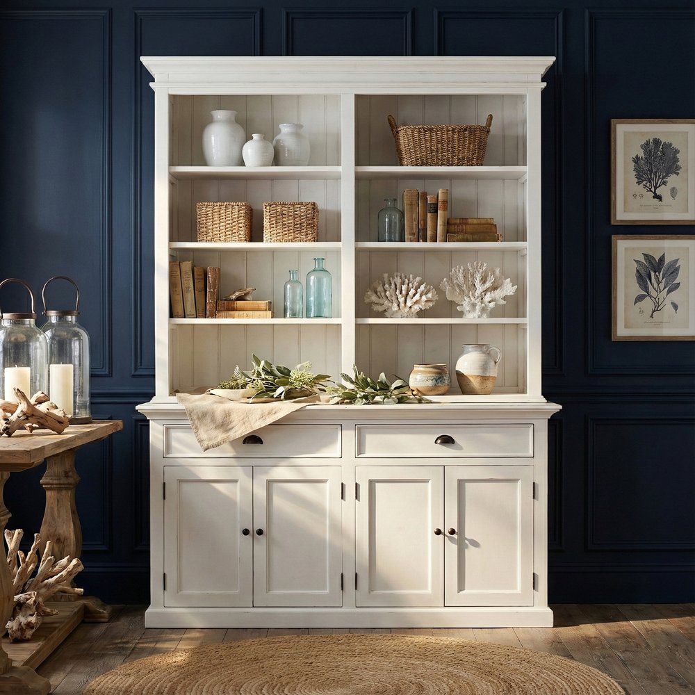 87" White Solid Wood Side Board with Hutch