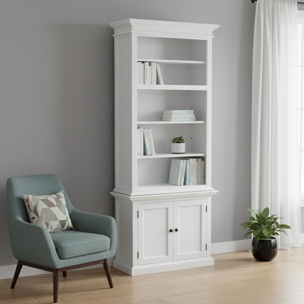 White Solid Wood Adjustable Four Tier Bookcase