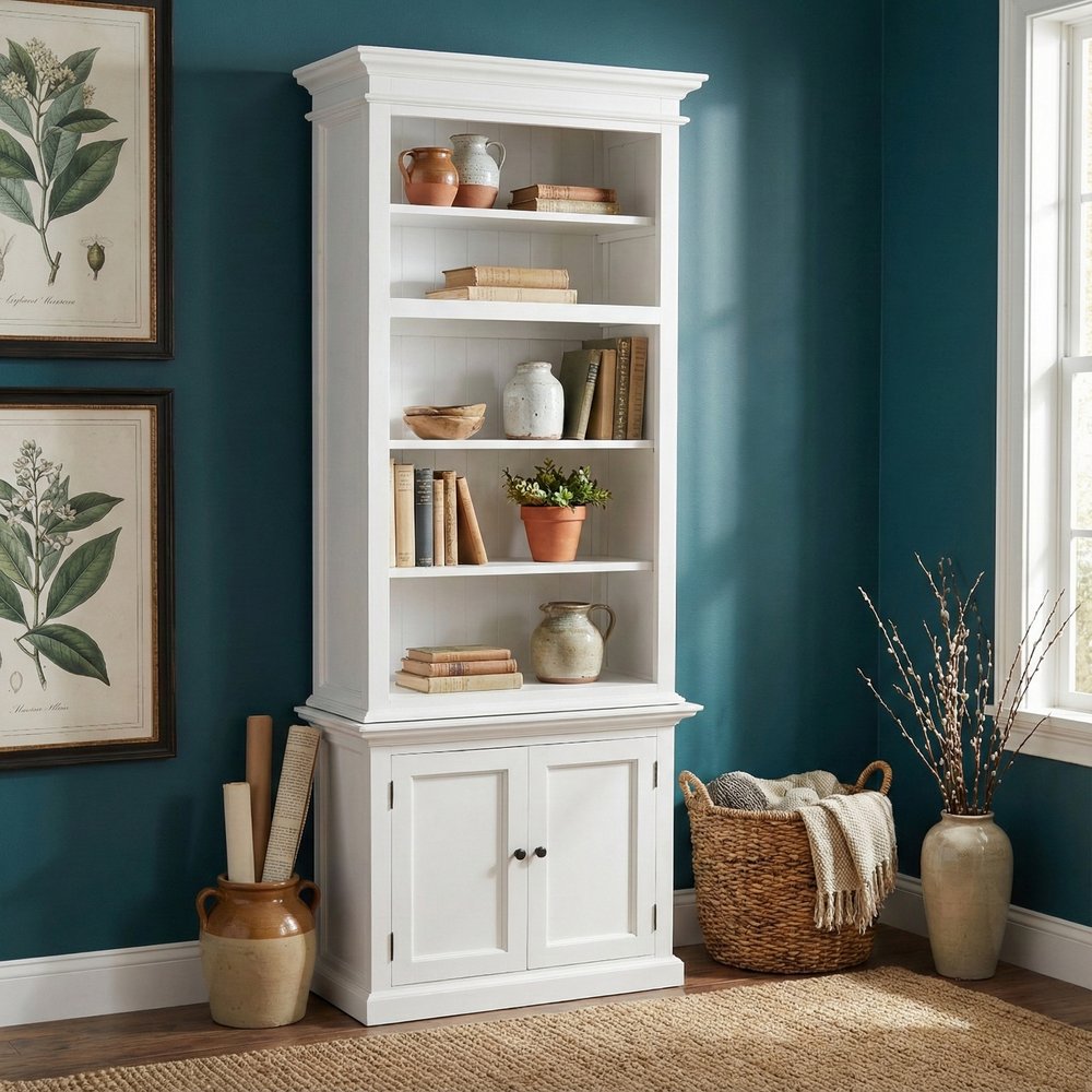 White Solid Wood Adjustable Four Tier Bookcase