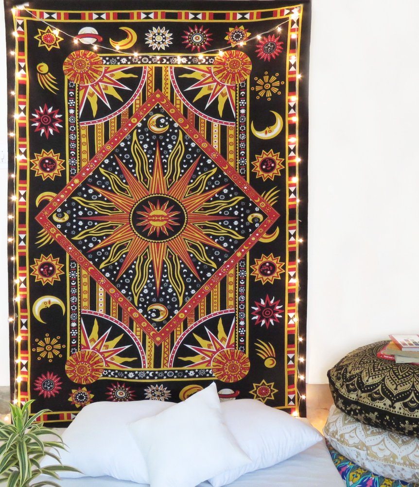 80" X 56" Black Red And Yellow Cotton Star and Sunburst Hanging Tapestry