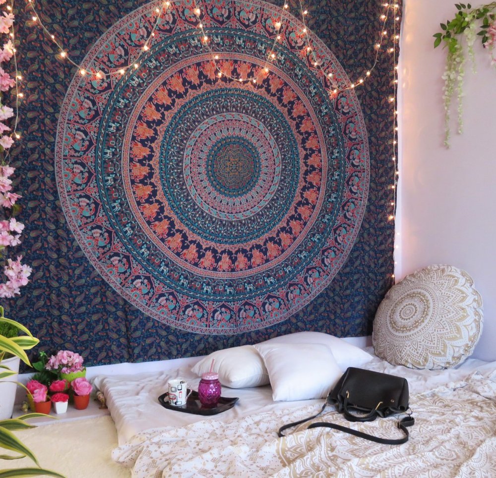 92" X 84" Green Blue And Orange Mandala Cotton Hanging Tapestry