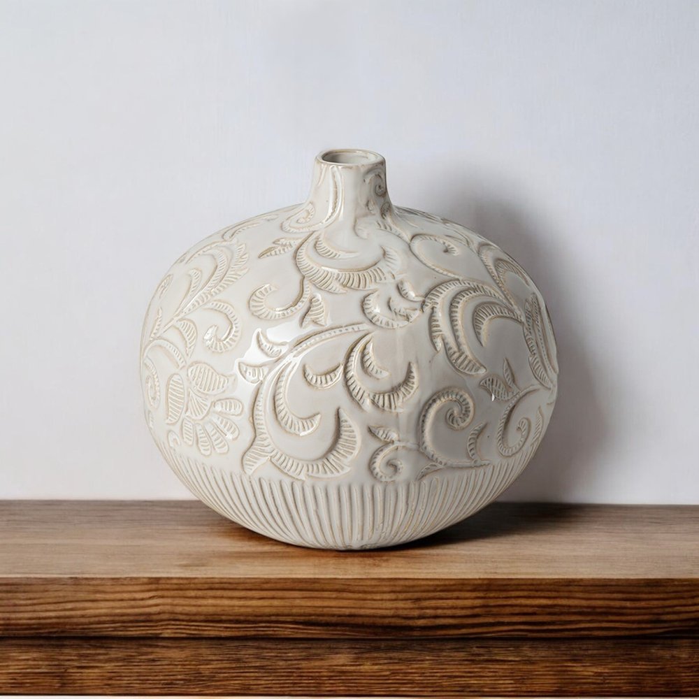 8" White Abstract Cylinder Ceramic Table Vase