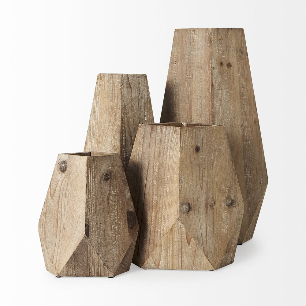 19" Natural Geometric Cylinder Solid Wood Table Vase