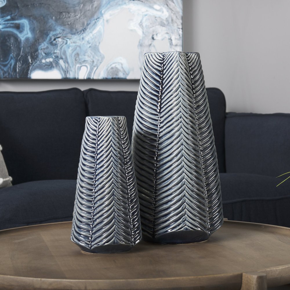 10" Navy Blue Abstract Ceramic Cylinder Table Vase