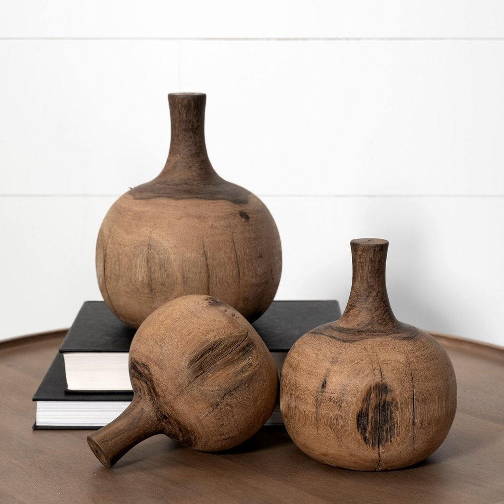 7" Brown Abstract Cylinder Solid Wood Table Vase