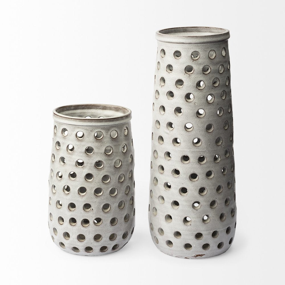 19" White Polka Dots Ceramic Cylinder Table Vase
