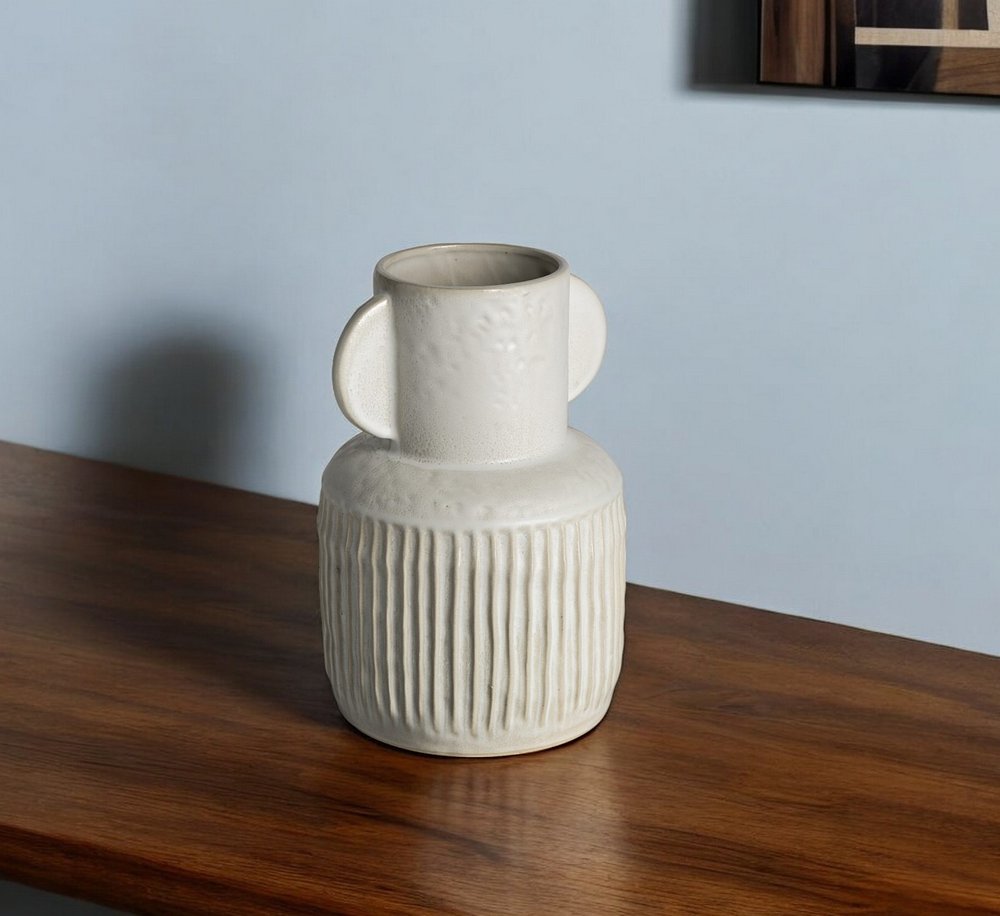 12" White Ribbed Ceramic Cylinder Table Vase