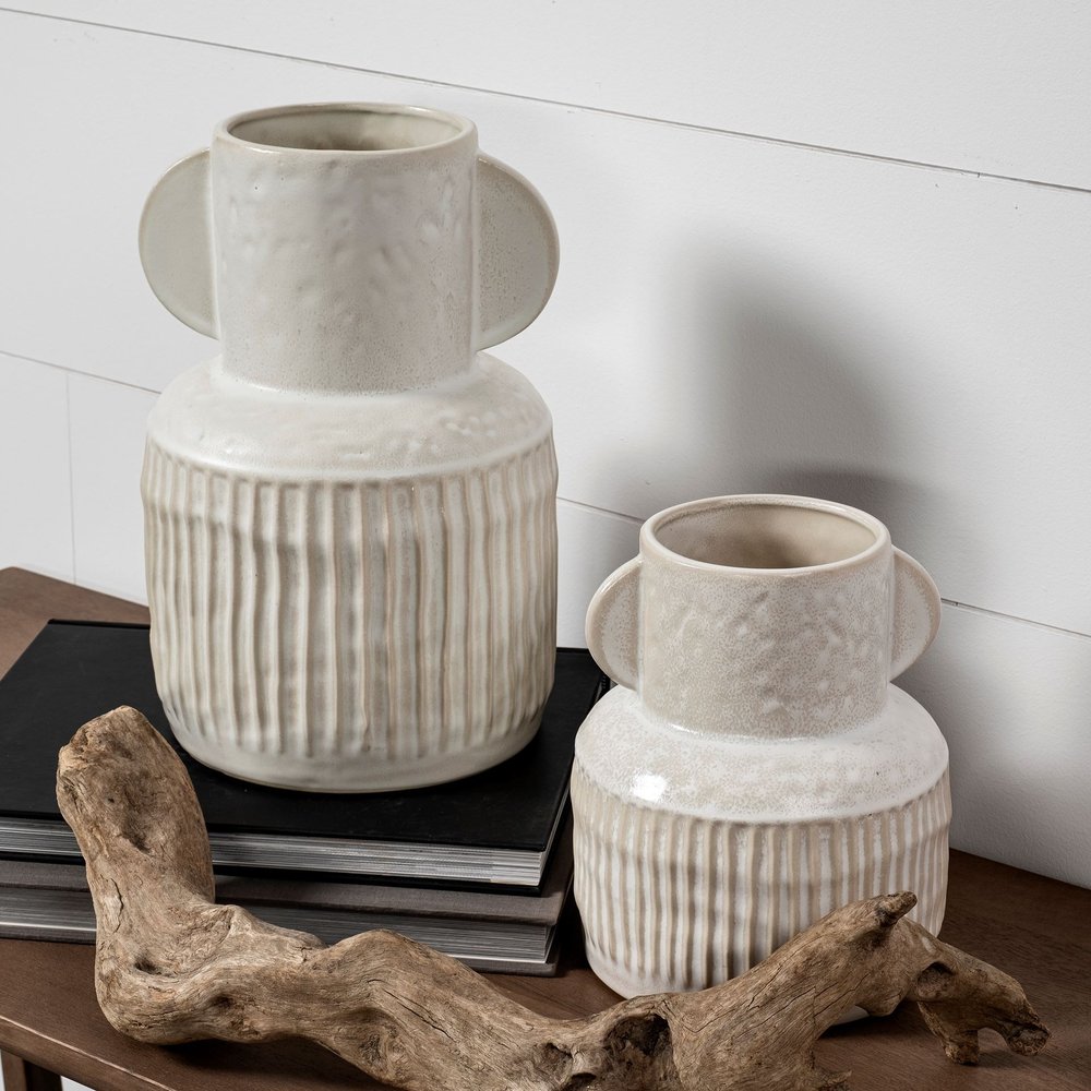 12" White Ribbed Ceramic Cylinder Table Vase