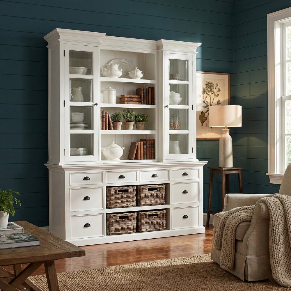 87" White Wood Bookcase with Glass Doors Drawers and Baskets