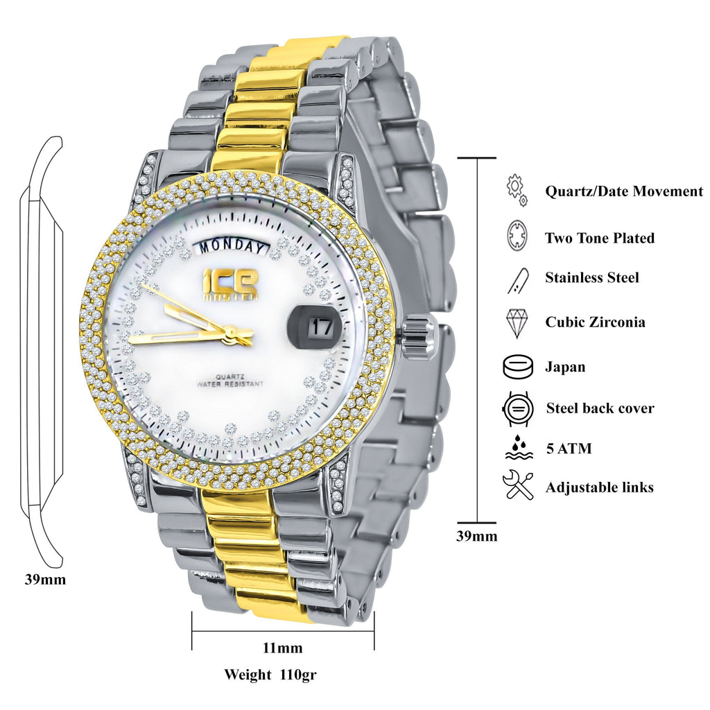 39mm CZ Iced Hip Hop Watch Two Tone Stainless Alloy