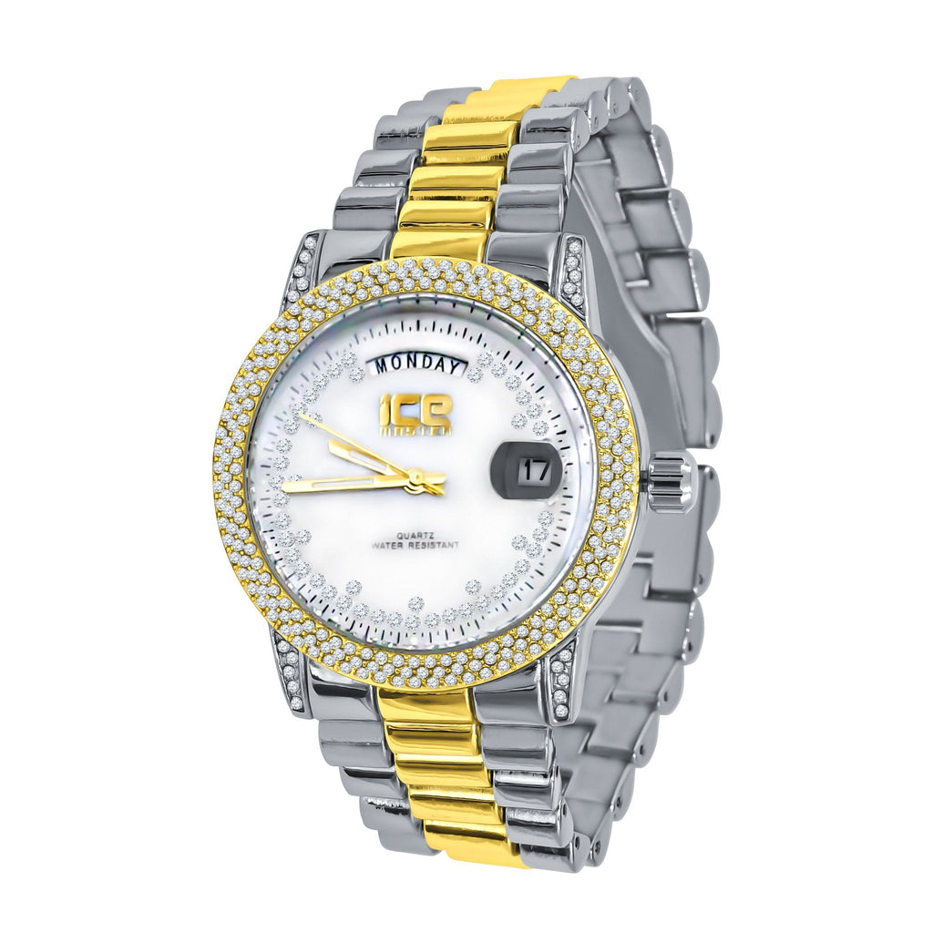 39mm CZ Iced Hip Hop Watch Two Tone Stainless Alloy