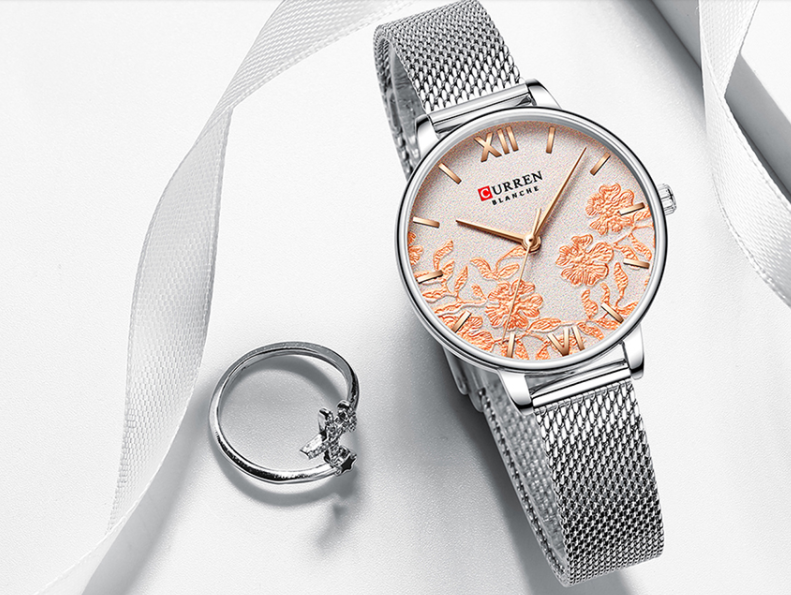Women's Silver Mesh Watch Floral Dial Slim Dress Elegant