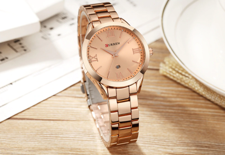 Women's Rose Gold Metal Bracelet Watch Slim Date Splash