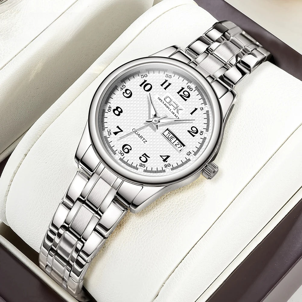 Women's Stainless Steel Blue Dial Watch Dual Calendar